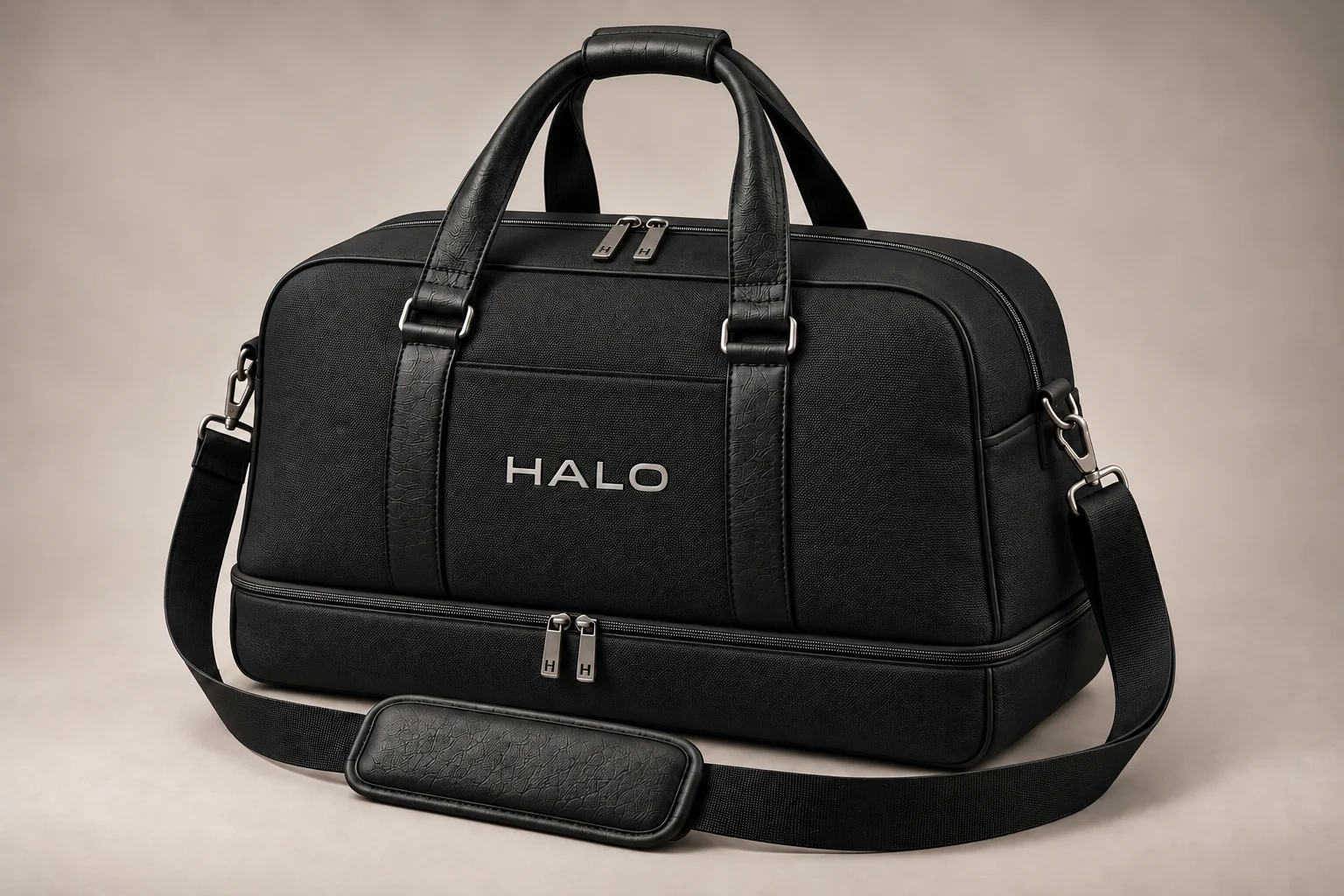 Concept render of the larger black nylon Halo duffel with silver branding. Final product details are still being confirmed.